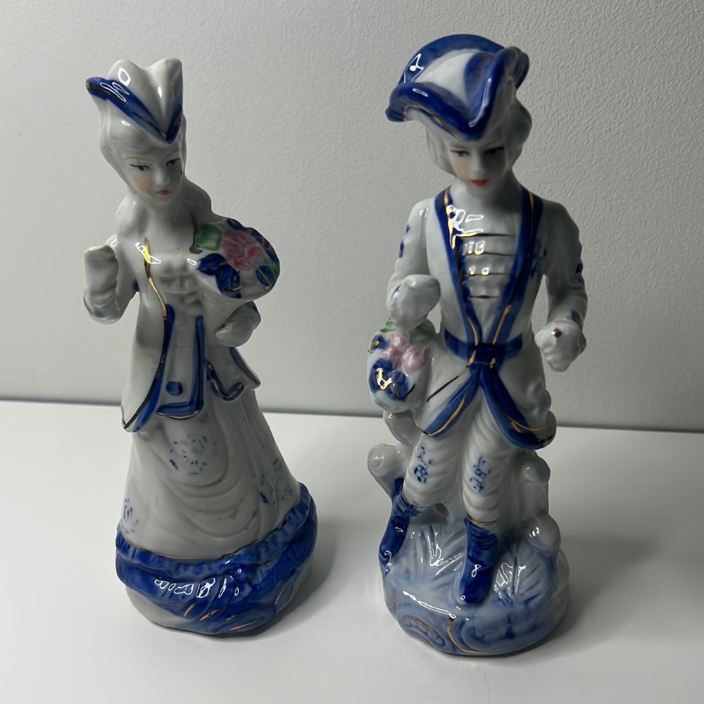 Vintage Blue and White Victorian Man & Lady Figurines